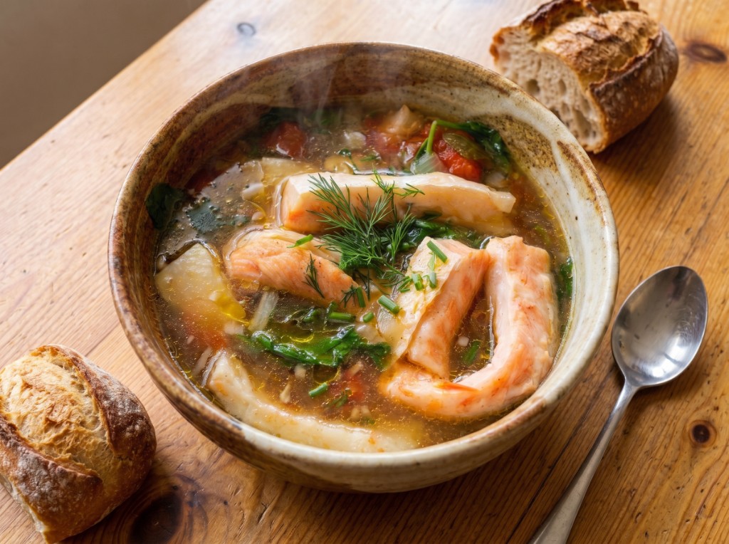 Steaming bowl of sinigang na salmon on a wooden table: chunky pink salmon belly in golden sour broth with kangkong, tomato wedges, and labanos, garnished with dill and chives, crusty bread on the side