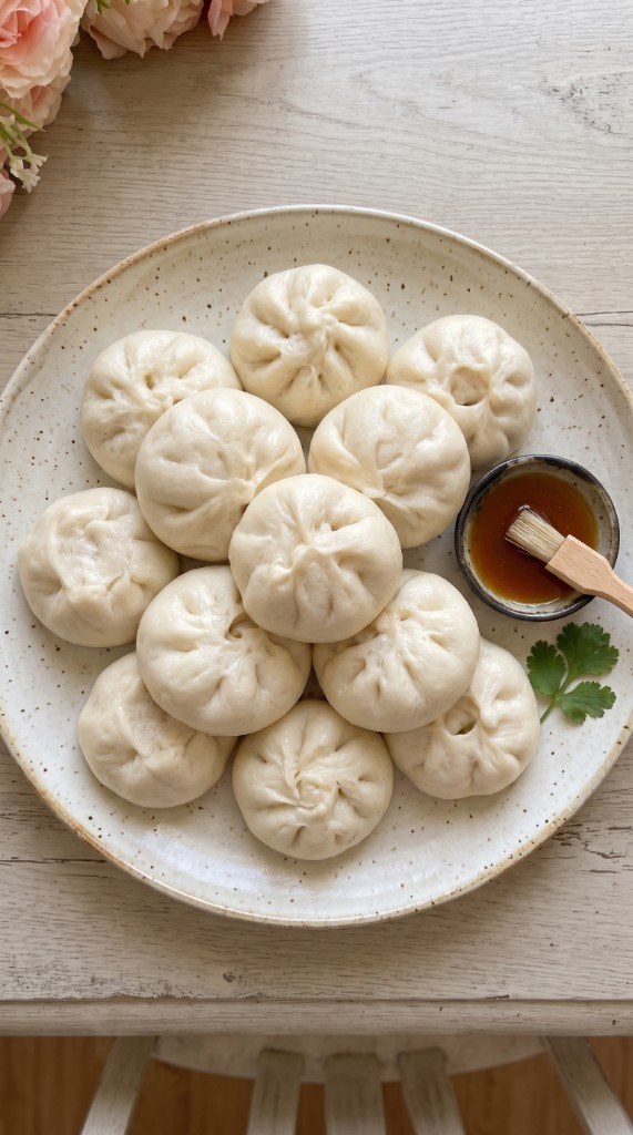 Steamed siopao asado buns on a bamboo steamer, one torn open to show pork asado filling