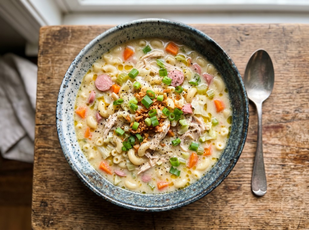 Bowl of creamy Filipino chicken sopas with macaroni, carrots, hotdog slices, green onions, and toasted garlic