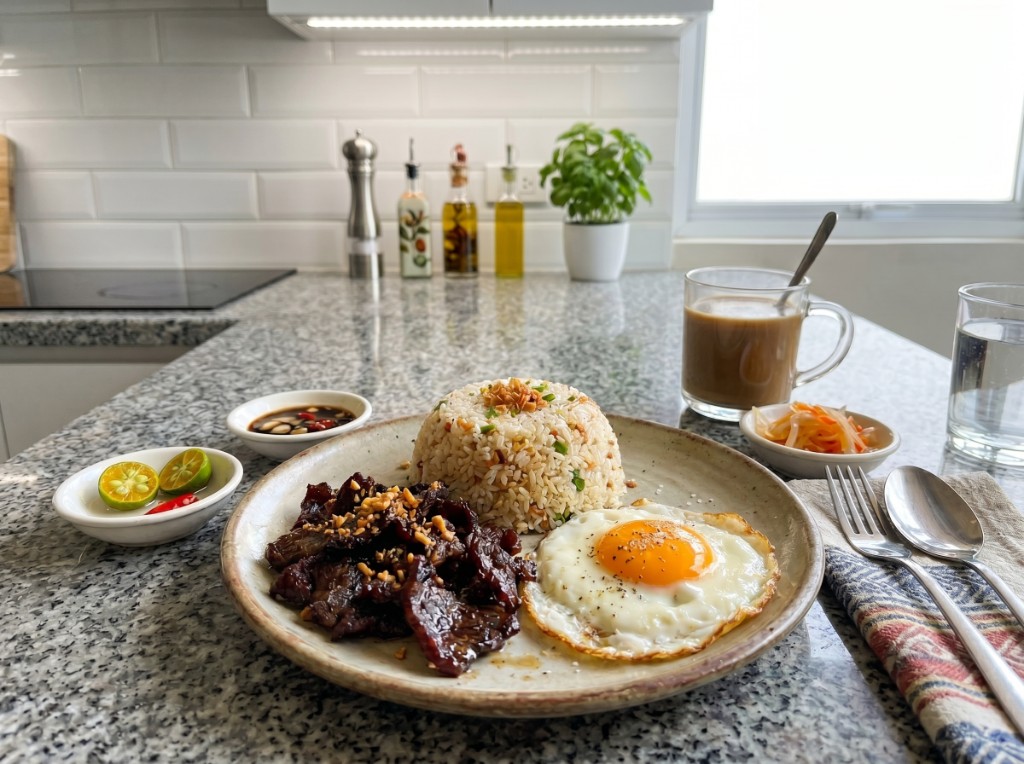 Tapsilog breakfast plate with caramelized beef tapa, garlic fried rice, sunny-side egg, atchara, and calamansi on the side
