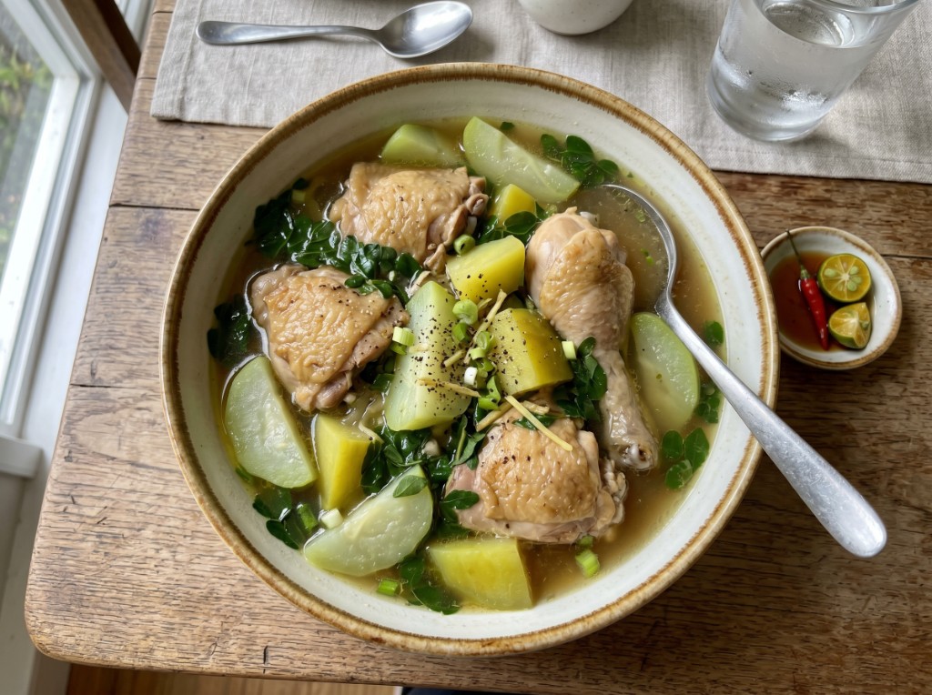Bowl of Filipino tinola with chicken, green papaya, sayote, malunggay, ginger, and patis-calamansi sawsawan on the side