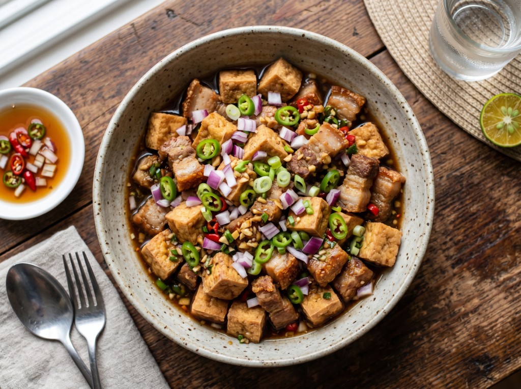 Tokwa't baboy in a bowl with golden fried tofu, crispy pork belly, red onion, green chili, and soy-vinegar sawsawan on a wooden table