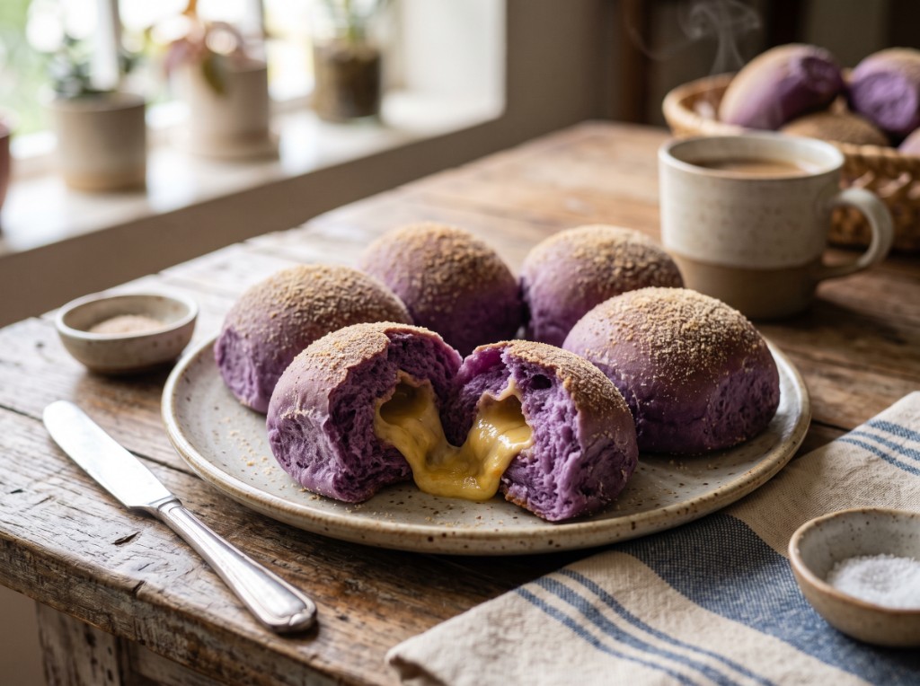 Ube cheese pandesal on a rustic wooden table: vibrant purple rolls dusted with breadcrumbs, one torn open with molten yellow cheese oozing from the soft crumb, coffee mug steaming beside the plate